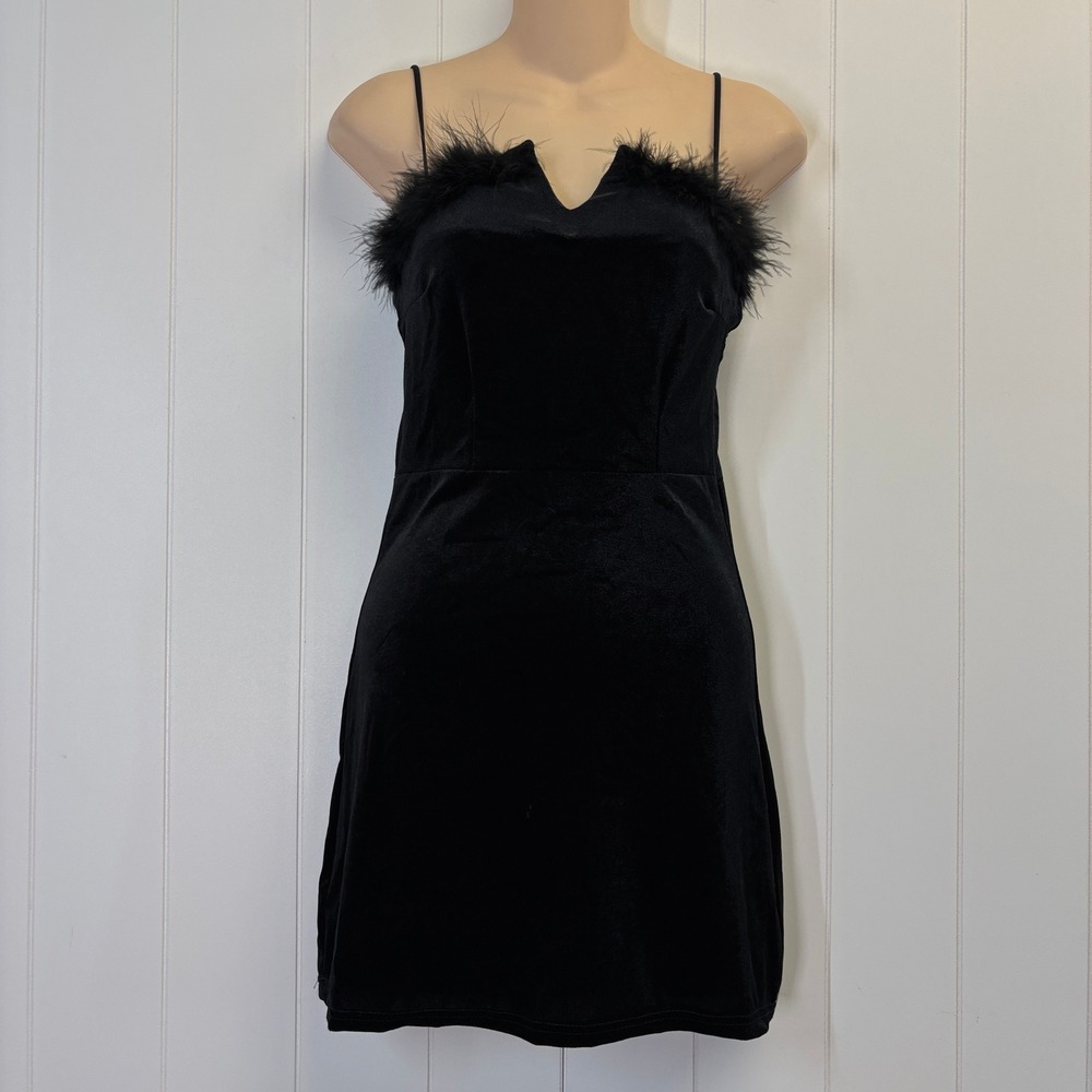Vintage Womens Y2K 90s Cocktail Velvet Fur V-Neck Mini Dress Size XS Glam Party